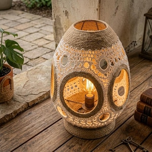 May include: A decorative table lamp with a woven, egg-shaped shade. The shade is made of natural-colored rope and features large circular cutouts with a cream-colored, crocheted pattern. A warm light bulb illuminates the interior. The lamp sits on a wooden surface.