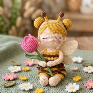 May include: A crocheted doll featuring a bee-themed outfit with yellow and brown horizontal stripes, light skin tone, and two antennae. The doll has closed eyes, pink cheeks, and light brown hair, holding a single pink tulip with a green stem.