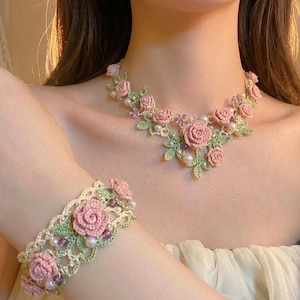 Rose Pearl Crochet Jewelry Pattern Set | Necklace Bracelet PDF (Instant Download)