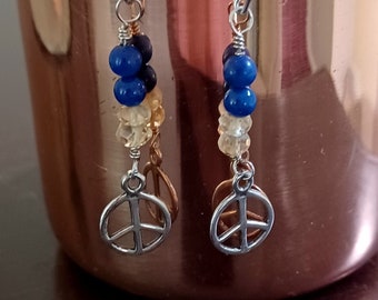 Sterling Silver Peace Sign Jewelry, Dangle Earrings in .925 Sterling Silver, Lapis Lazuli and Citrine, Pray for Peace, Gemstone of Hope