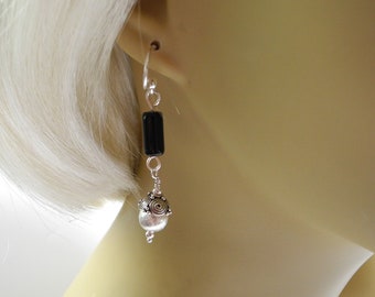 Black Onyx Long Earrings, Silver and Black Drop Dangles, Modern Style Fashion Jewelry, Sterling Silver, Everyday Wear