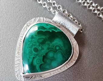 Malachite Pendant in .999 Fine Silver Setting, Swirls of Dark and Light Green in this Beautiful, Eye Catching Gemstone,  Chakra Gemstone