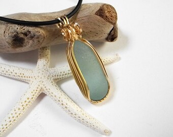 Aqua Sea Glass Pendant Wire Wrapped in 14 Karat Gold Fill Fine Wire, Genuine Beach Glass from the UK, One of a Kind Necklace for Wedding