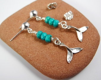 Whale Tail Earrings, Sterling Silver Whale Tail Jewelry, Turquoise Earrings, Sterling Stud Earrings, Mystical Moon Designs