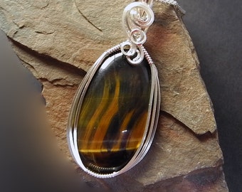 Golden Tiger Eye Pendant, Stone of Strength, Gold Orange and Brown Flames Jewelry, Phoenix Rising, Chakra Gemstone