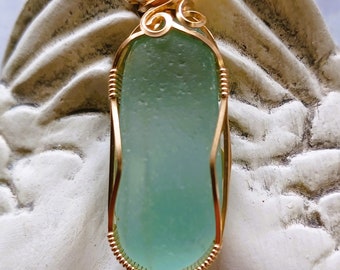 Light Aqua Sea Glass Pendant, Smooth High Quality Beach Glass is Wire Wrapped in 14 KT Gold Fill Fine Wire, Perfect for Summer Weddings