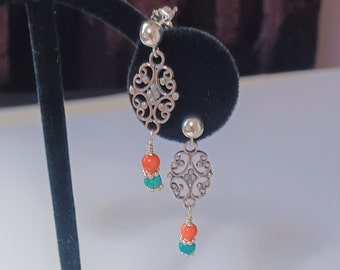 Coral and Turquoise Earrings, Sterling Filigree Dangle Earrings with Coral and Turquoise Beads,