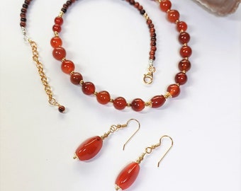 Carnelian and Red Tiger Eye Beaded Necklace and Earring Set,  Represents Life Force and Vitality Energy, Bohemian Copper Color Gemstone