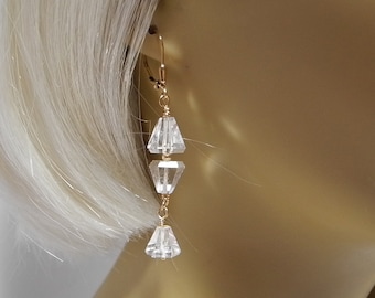 Long Clear Quartz Crystal Dangle Earrings, Bridal Earrings, Gold and Crystal Wedding Jewelry, For Pierced Ears, Gift for Woman