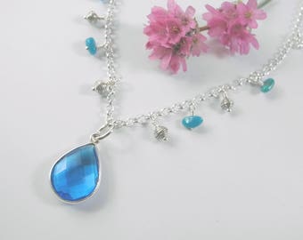 Delicate Blue Quartz Choker Necklace with Turquoise and Sterling Beads Suspended from a Sterling Silver Chain, Comfortable and Flattering