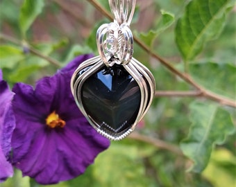 Black Obsidian Pendant, Heart Shape Pendant, 18 Inch Sterling Silver Chain, Stone of Protection, Formed from Ancient Lava