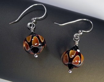 Fun Autumn / Fall Earrings, Orange and Black Brown Dangle Earring, Lightweight and Comfortable Artisan Hand made Beads,   Gift for Friend