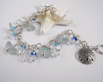 Sea Glass Charm Bracelet with Genuine Beach Glass - Coca Cola Bottle Color, Sterling Bracelet and Sand Dollar Charm