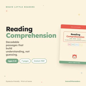 May include: A digital educational resource titled Brave Little Readers Reading Comprehension featuring decodable passages for ages 5-8. The document includes 7 pages in a PDF format, with a cream background, red and green accents, and a small cat icon.