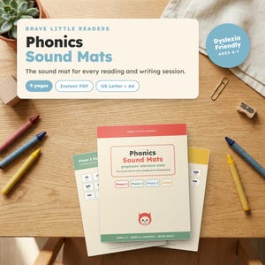 May include: A set of Phonics Sound Mats educational sheets featuring the text Brave Little Readers, Phonics Sound Mats, and Dyslexia Friendly Ages 4-7. The sheets include grapheme reference charts for phases 2, 3, and 5, with a small red cat icon.