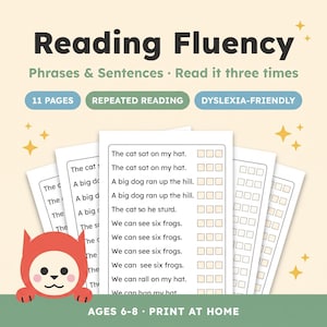 May include: A set of 11 printable reading fluency pages featuring phrases and sentences for repeated reading. The pages include checkboxes for tracking progress, dyslexia-friendly text, and a red cat illustration. Labeled for ages 6-8.