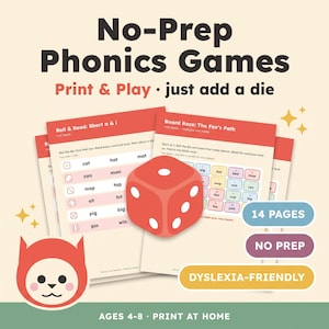 May include: No-Prep Phonics Games educational activity sheets featuring a red six-sided die, a red cat-shaped icon, and text including No-Prep Phonics Games, Print & Play, 14 PAGES, NO PREP, DYSLEXIA-FRIENDLY, and AGES 4-8 PRINT AT HOME.