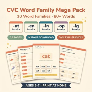 Könnte beinhalten: CVC Word Family Mega Pack Lernmaterial mit 10 Wortfamilien und über 80 Wörtern. Enthält 28 Seiten zum sofortigen Download, ein legastheniefreundliches Design und Übungsblätter für Kinder von 5-7 Jahren. Text beinhaltet -at, -en, -in, -op, -ig family.