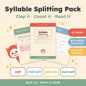 Op de afbeelding: Een Syllable Splitting Pack educatief hulpmiddel bestaande uit drie geprinte pagina's met tekst en afbeeldingen. De omslag toont de titel Syllable Splitting, Clap it, Count it, Read it en een rood kat-icoon. Bevat 12 pagina's, een strategie voor lange woorden en dyslexievriendelijke labels.