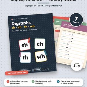 May include: A printable PDF educational resource titled Brave Little Readers Digraphs sh, ch, th & wh. The dark blue cover features four white squares with the digraphs sh, ch, th, and wh. Includes worksheets for ages 5-8, 7 pages total.