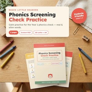 Peut inclure: Un ensemble éducatif Phonics Screening Check Practice pour enfants de 5 à 6 ans. Le document affiche le texte Brave Little Readers, Phonics Screening Check Practice, et comprend des mots réels et imaginaires, 8 pages, et formats US Letter + A4.
