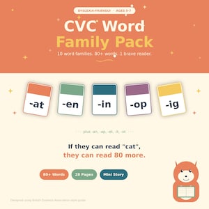 Puede incluir: Un paquete de familias de palabras CVC para niños de 5 a 7 años, apto para disléxicos. Incluye 10 familias de palabras, más de 80 palabras y un lector valiente. La imagen muestra tarjetas con terminaciones de palabras como -at, -en, -in, -op e -ig.