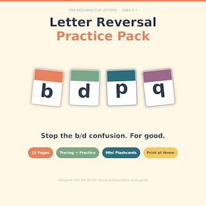 May include: An educational resource for children aged 5-7, titled "Letter Reversal Practice Pack". The image displays flashcards with the letters b, d, p, and q. The text "Stop the b/d confusion. For good." is also present.