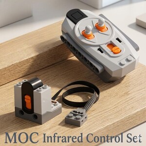 May include: A gray and orange MOC Infrared Control Set, featuring a remote control with two joysticks and a receiver. The set includes a receiver unit connected to a remote control via a black cable. The text "MOC Infrared Control Set" is visible.