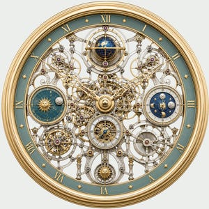 Könnte beinhalten: Eine runde Wanduhr mit goldenem Rahmen und einem salbeigrünen Außenring mit goldenen römischen Ziffern und Sternmarkierungen. Das Zentrum zeigt ein komplexes Skelettwerk mit rotierendem Globus sowie Sonnen- und Mondphasenanzeigen.