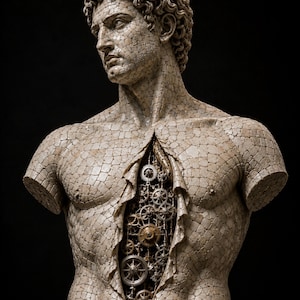 May include: A beige stone-textured bust of a figure with curly hair, featuring a vertical opening in the chest that reveals a complex internal mechanism of metallic gears, cogs, and wheels arranged in a dense, layered mechanical configuration.