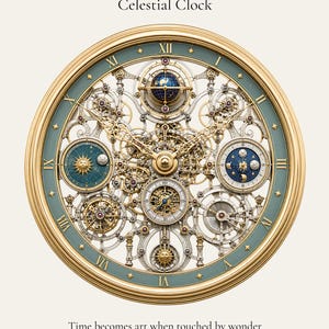 Celestial Clock Wall Art, Luxury Mechanical Timepiece Print
