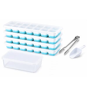 May include: A set of four rectangular ice cube trays with white frames and flexible light blue silicone bottoms, a clear plastic storage container with a lid, a pair of stainless steel ice tongs, and a small white plastic ice scoop.