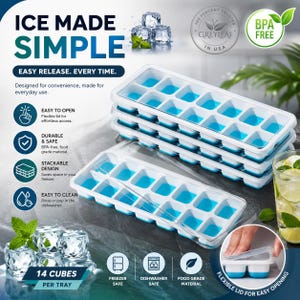 May include: A set of rectangular ice cube trays with white frames and flexible blue silicone compartments. Each tray features 14 individual cube slots and a clear lid. Text on the image includes ICE MADE SIMPLE, 14 CUBES PER TRAY, and BPA FREE.