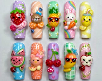 Kawaii Fruit Party Press On Nails | Cute Kidcore Pastel Fake Nails | 3D Strawberry Bunny Pineapple Bear Nail Art | Summer Picnic Long Nails