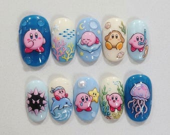 Summer Press On Nails Kirby Ocean Nails Jellyfish Waddle Dee Dolphin Cute 3D Handmade Nails Beach Anime Kawaii Custom Fake Glue On Nails