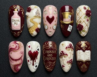 Summer Press On Nails Alice In Wonderland Nails Book Mushroom Nails Gothic Cute 3D Handmade Nails Luxury Custom Fake Glue On Nails