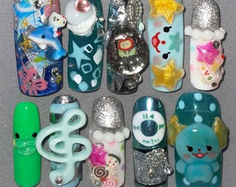 Y2K Cyber Kawaii Press on Nails Handmade 3D MP3 Player Nails Cute Dolphin Star False Nails High Quality Luxury Custom Retro Gamer Nail Art
