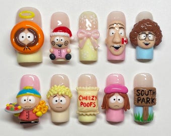 Summer Press On Nails South Park Nails Cartman Kenny Butters Cheezy Poofs Cute 3D Handmade Nails Cartoon Custom Fake Glue On Nails