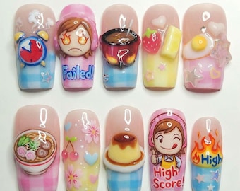 Cooking Mama Press On Nails | Cute Gamer Girl Cooking Fake Nails | 3D Pudding Ramen Egg Nail Art | Kawaii Anime Y2K Custom Square Nails