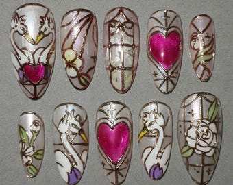 Vintage Stained Glass Press on Nails Handmade Swan Nails Luxury Heart & Rose False Nails High Quality Hand painted Custom Elegant Nail Art