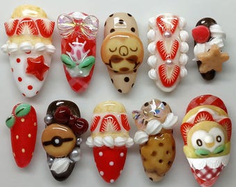 Strawberry Dessert Press on Nails Handmade 3D Crepe Nails Luxury Food & Bear False Nails High Quality Hand painted Custom Kawaii Art Nail