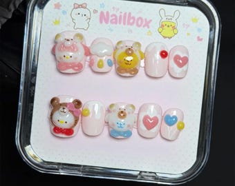 Kawaii Teddy Bear Dessert Press on Nails Handmade 3D Bear and Cloud Nails Cute Pink Heart Cake False Nails High Quality Hand painted Nails