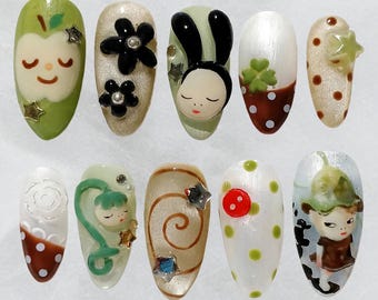 Yoshitomo Nara Press on Nails Handmade 3D Bunny Nails Luxury Apple & Star False Nails High Quality Hand painted Custom Whimsical Art Set