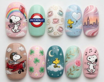 Snoopy London Vacation Press On Nails | Cute London Underground Peanuts Fake Nails | Handpainted Piccadilly Circus Woodstock Nail Art