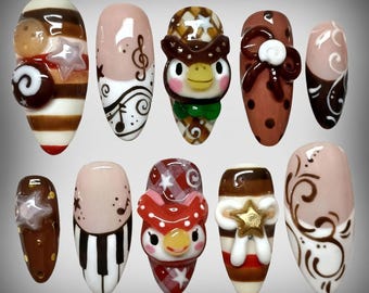 Animal Crossing Press on Nails Handmade 3D Blathers & Celeste Nails Luxury Piano Star False Nails High Quality Hand painted Custom Art Set
