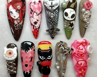 Ruby Gloom Press on Nails Handmade 3D Doom Cat Nails Luxury Emo & Creepy Cute False Nails High Quality Hand painted Custom Goth Art Nail Set