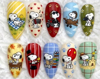 Snoopy Multi Hobbies Press On Nails | Cute Peanuts Magic Flying Airplane Fake Nails | Handpainted Biker Musician Bookworm Nail |Kawaii Nails