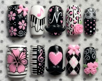 Summer Press On Nails Piano Music Nails Pink Black Nails Floral Mustache Nails Hibiscus Cute 3D Handmade Nails Custom Fake Glue On Nails