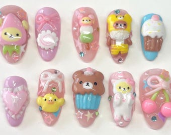 Summer Press On Nails Rilakkuma Nails Korilakkuma Dango Cupcake Kiiroitori Cute 3D Handmade Nails Pink Pastel Kawaii Custom Fake Nails