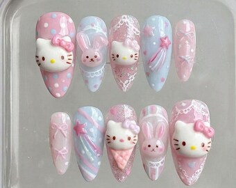 Summer Press On Nails Kitty Nails Kawaii Nails Cute Bunny Nails Coquette Nails Star Nails Cute 3D Handmade Nails Pastel Custom Fake Nails
